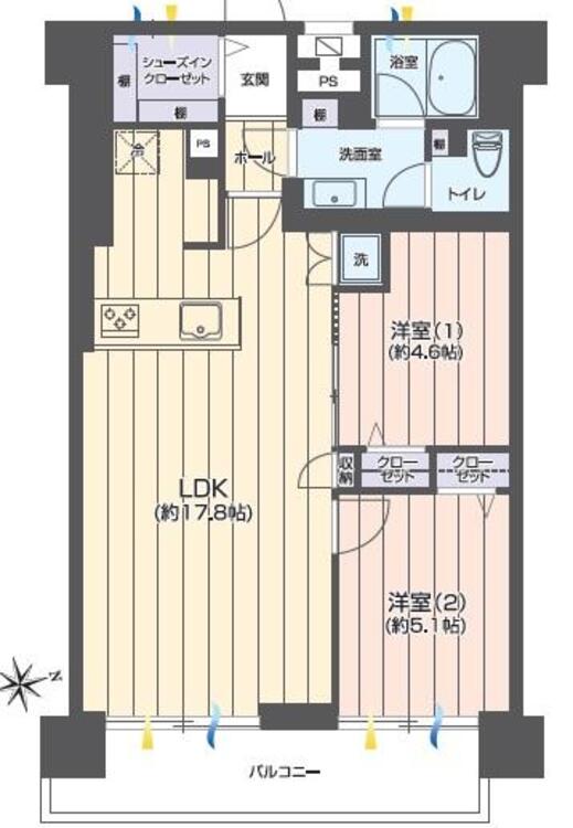 間取り ２ＬＤＫ、専有面積５８．７９平米、バルコニー面積確認中