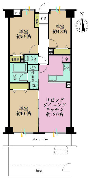 その他 3LDK、専有面積62.49m2、バルコニー面積6.89m2