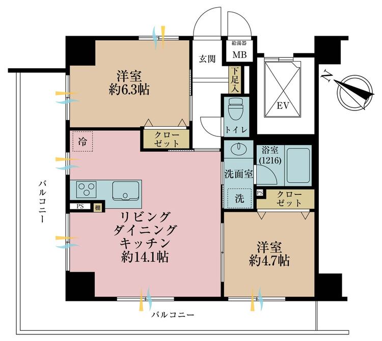 その他 2LDK、専有面積55.1m2、バルコニー面積19.6m2