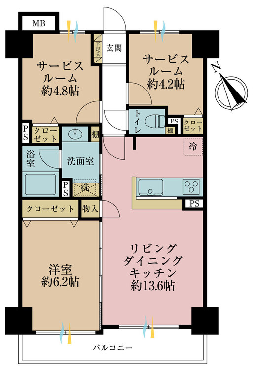 その他 1LDK+2S（納戸）、専有面積61.63m2、バルコニー面積6.88m2