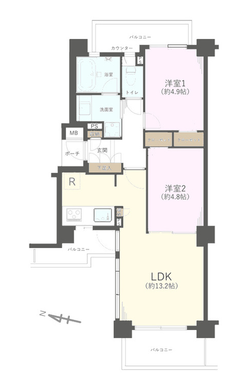 その他 2LDK、専有面積52.09m2、バルコニー面積13.43m2