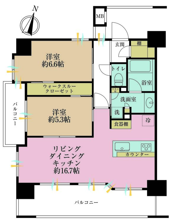 その他 2LDK、専有面積63.66m2、バルコニー面積18.95m2