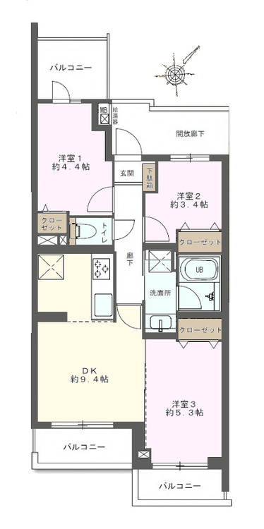 その他 3DK、専有面積52.84m2、バルコニー面積10.61m2