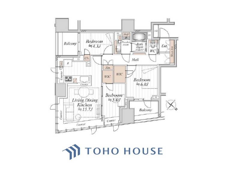 間取り 【house the light is illuminat】採光と風　家事導線も比較的良好で、風通しの良さで過ごしやすい麗(うら)らかな気分にさせてくれるリビング