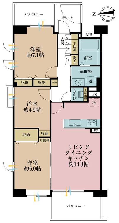 その他 3LDK、専有面積75.1m2、バルコニー面積12.34m2