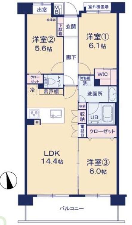間取り ３ＬＤＫ、専有面積７０．７６平米、バルコニー面積１０．０８平米