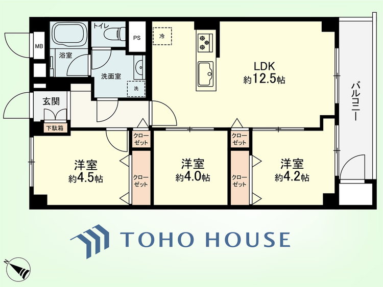 間取り 3LDK　専有面積58.50平米、バルコニー面積5.88平米