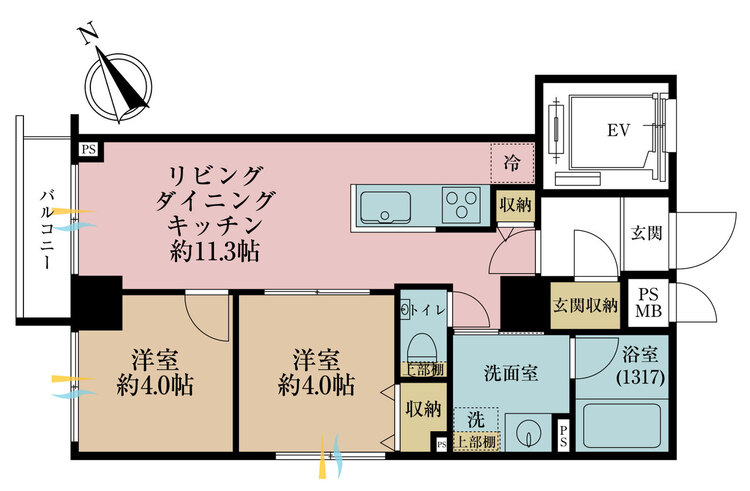その他 2LDK、専有面積45.1m2、バルコニー面積2.91m2