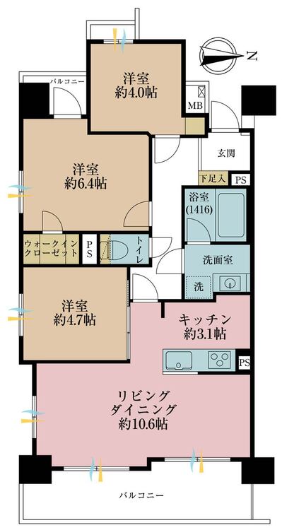 その他 3LDK、専有面積63.48m2、バルコニー面積12.48m2