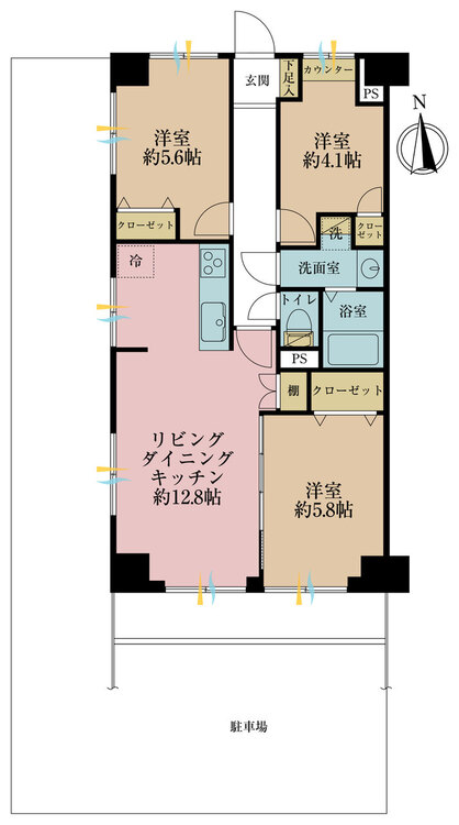 その他 3LDK、専有面積64.49m2、バルコニー面積6.96m2