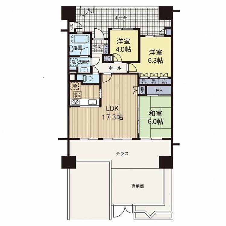 間取り 【間取図】専用庭と隣接する駐車場で戸建感覚でお住まいいただけるマンションです。LDKは17帖超のゆとりあるリビングです。