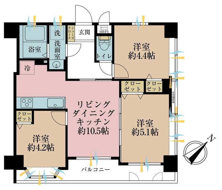 間取り ３ＬＤＫ、専有面積５４．５９平米、バルコニー面積７．３３平米