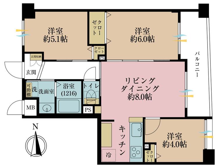 間取り ３ＬＤＫ、専有面積５６．１５平米、バルコニー面積６．３５平米