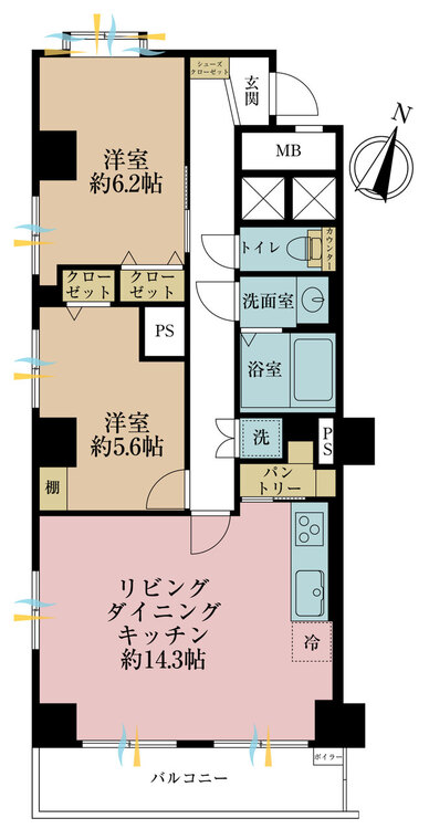 間取り ２ＬＤＫ、専有面積６２．９９平米、バルコニー面積６．６平米