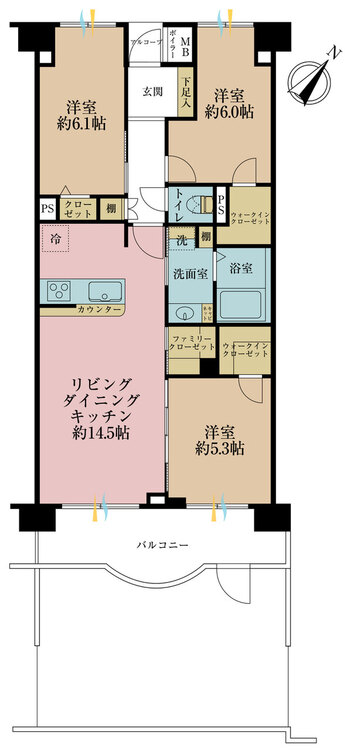 間取り ３ＬＤＫ、専有面積７２平米、バルコニー面積９．５５平米