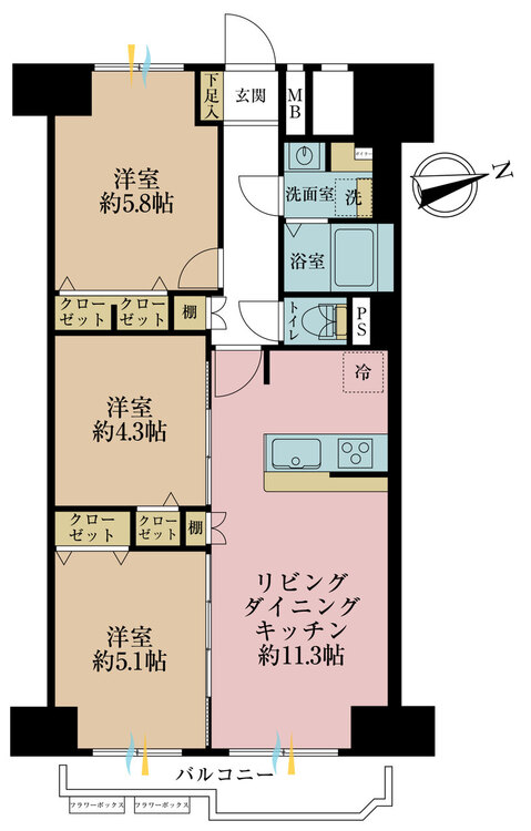 その他 3LDK、専有面積59.4m2、バルコニー面積5.3m2