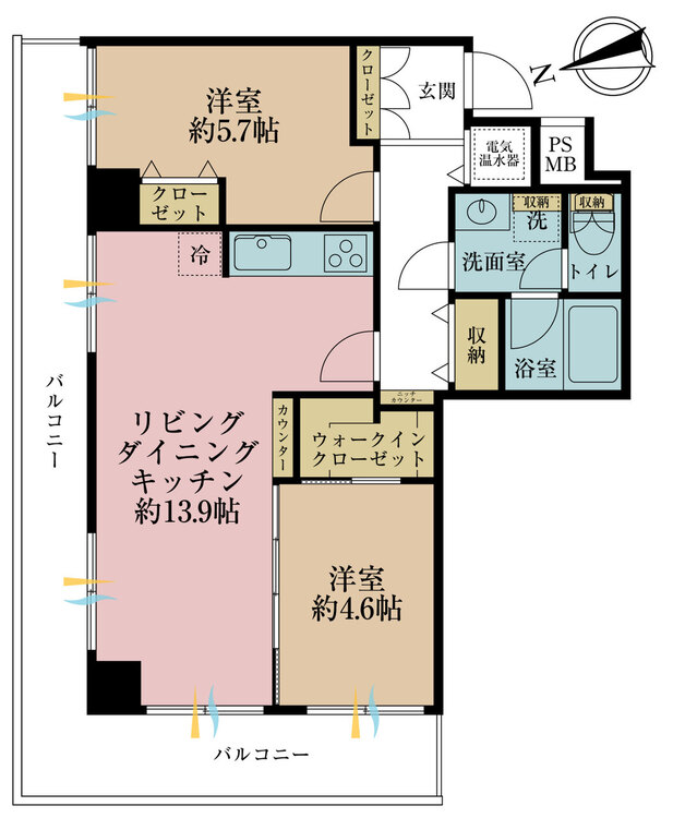 その他 2LDK、専有面積58.45m2、バルコニー面積17.82m2