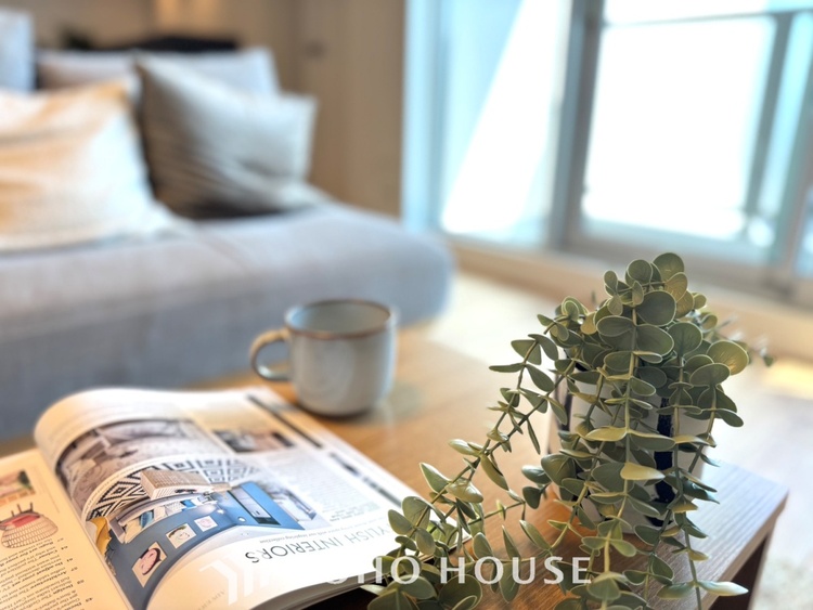 内装 【Decorative lighting】上質に仕上げられた室内。オフ・ホワイトの壁を背にした観葉植物の葉をそっと置かれたインテリア・ライトが照らし出しています。少しお洒落な暮らしをしてみませんか。