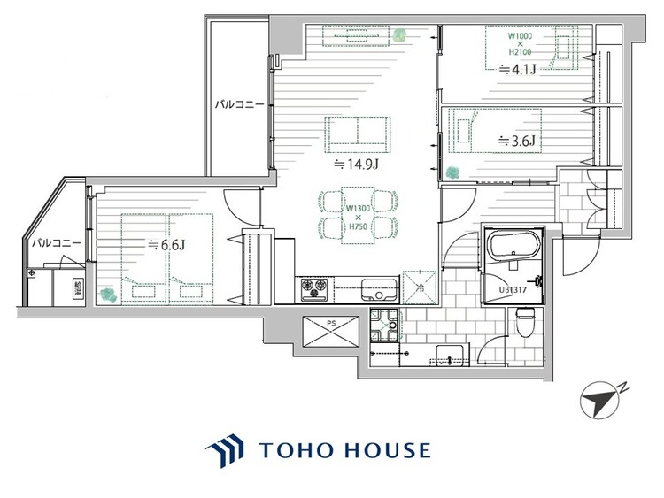 間取り 【house the light is illuminat】採光と風　家事導線も比較的良好で、風通しの良さで過ごしやすい麗(うら)らかな気分にさせてくれるリビング