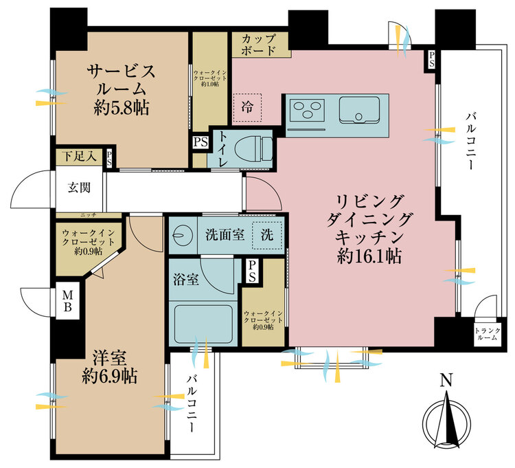 その他 1LDK+S（納戸）、専有面積60.85m2、バルコニー面積7.24m2