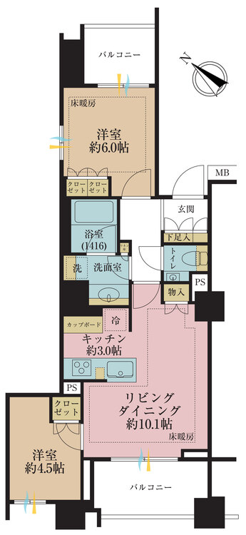 間取り 2LDK、専有面積55.99m2、バルコニー面積10.76m2