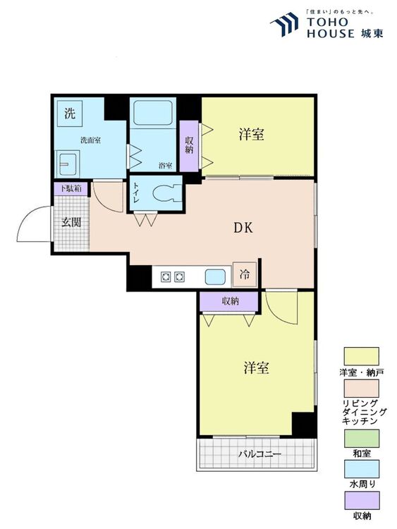 間取り ２ＤＫ、専有面積３６．５平米、バルコニー面積確認中