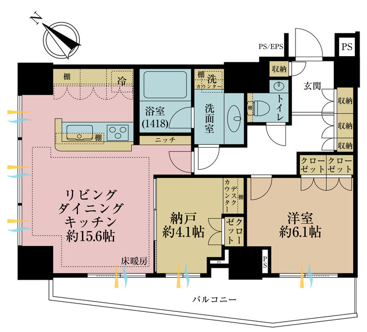 その他 1LDK+S（納戸）、専有面積64.38m2、バルコニー面積9.8m2