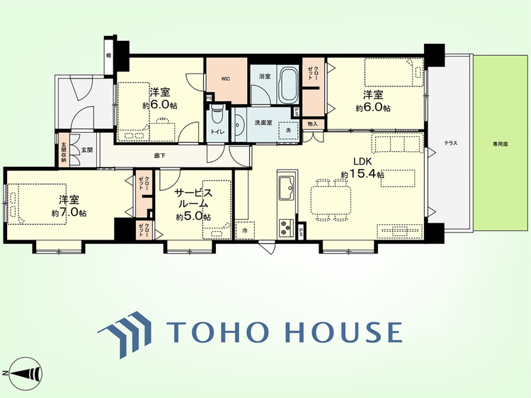 間取り 3SLDK　専有面積86.53平米、バルコニー面積9.15平米、専用庭面積15.25平米