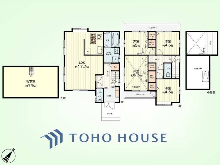 間取り 4LDK+ロフト・小屋裏収納・地下室　建物面積92.34平米、土地面積106.80平米