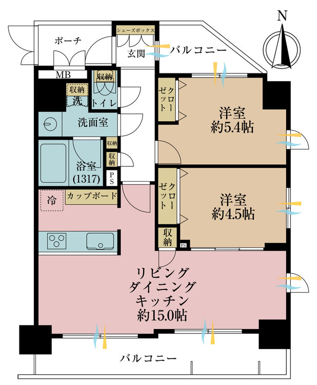 間取り ２ＬＤＫ、専有面積５８．３６平米、バルコニー面積１３．６４平米