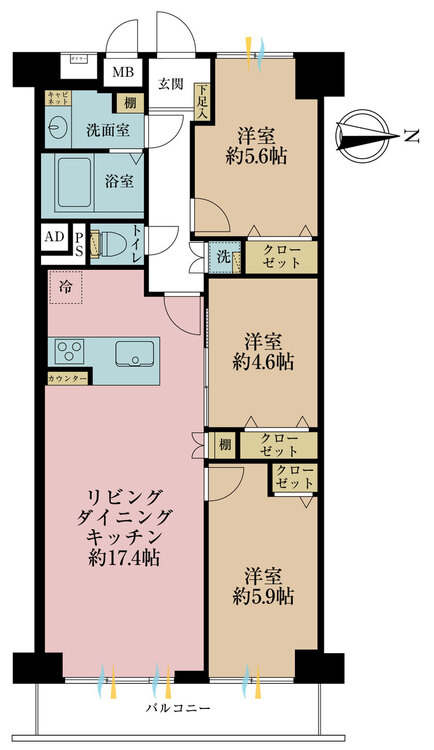 その他 3LDK、専有面積74.24m2、バルコニー面積6.96m2