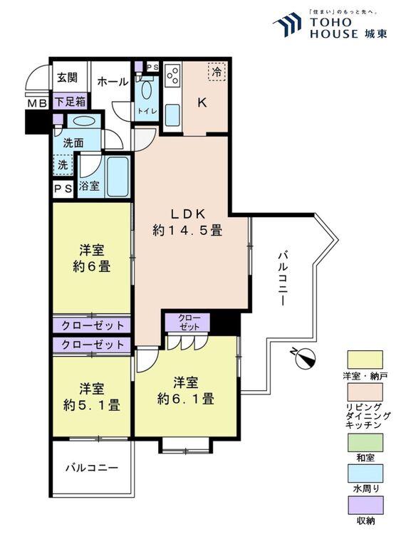 間取り ３ＬＤＫ、専有面積６９．８２平米、バルコニー面積１４．８９平米