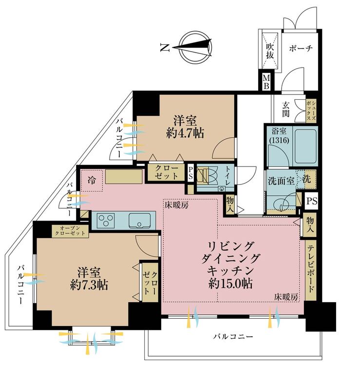 その他 2LDK、専有面積61.4m2、バルコニー面積14m2