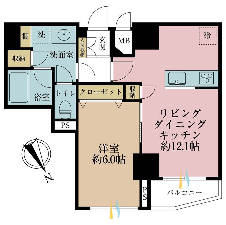 間取り １ＬＤＫ、専有面積４２．８１平米、バルコニー面積２．６７平米