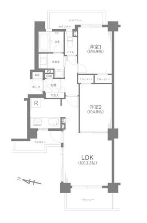 間取り 2LDK　専有面積52.09平米、バルコニー面積13.43平米