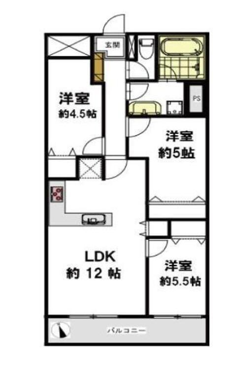 間取り 3LDK　専有面積63.84平米、バルコニー面積5.95平米