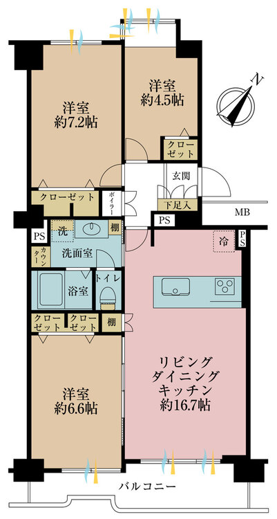 間取り ３ＬＤＫ、専有面積７６．４７平米、バルコニー面積９．４７平米
