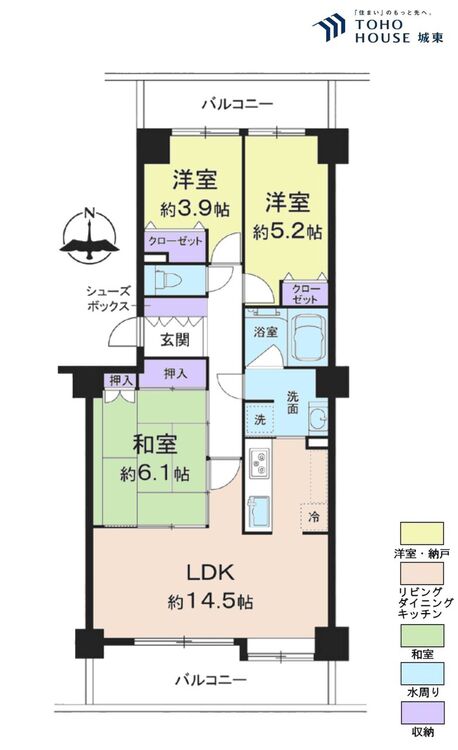 間取り ３ＬＤＫ、専有面積７６．２２平米、バルコニー面積１８．５１平米