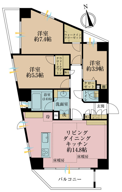 その他 3LDK、専有面積74.27m2、バルコニー面積9.66m2