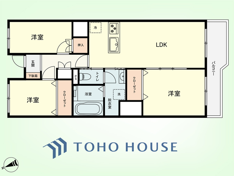 間取り 3LDK　専有面積62.84平米、バルコニー面積6.44平米