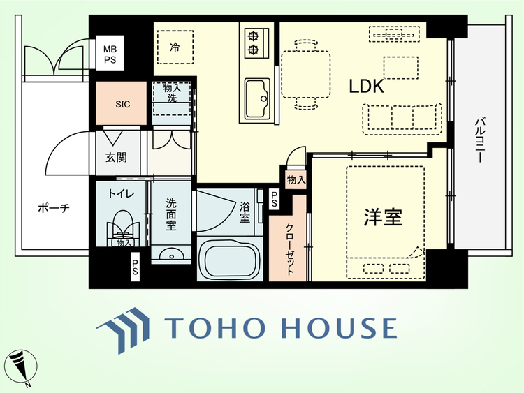 間取り 1LDK　専有面積33.50平米、バルコニー面積5.44平米