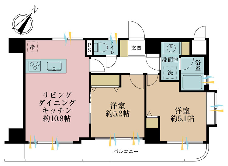 その他 2LDK、専有面積53.46m2、バルコニー面積10.34m2