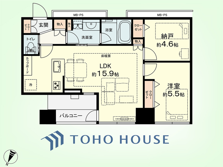 間取り 1SLDK　専有面積58.00平米、バルコニー面積5.49平米