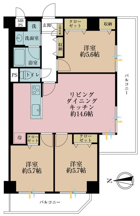 間取り ３ＬＤＫ、専有面積６９．６３平米、バルコニー面積１８．９２平米