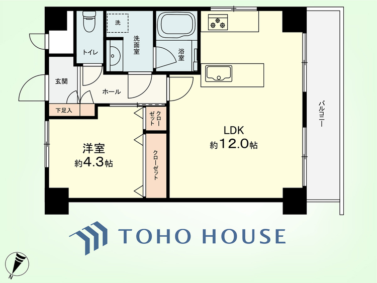 間取り 1LDK　専有面積40.15平米、バルコニー面積6.05平米