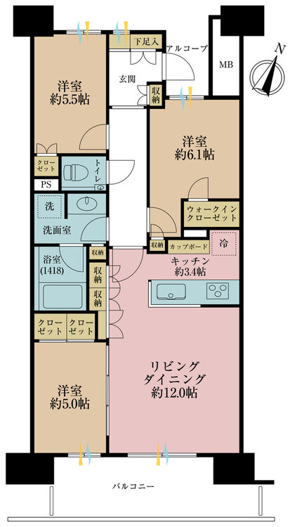 その他 3LDK、専有面積75.57m2、バルコニー面積12.4m2