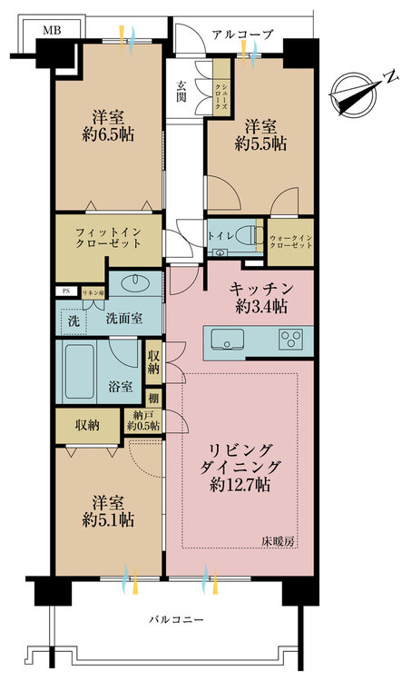その他 3LDK+S（納戸）、専有面積76.58m2、バルコニー面積11.43m2