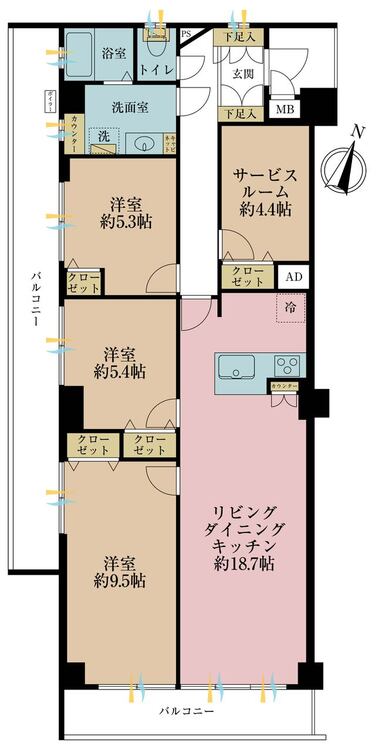間取り ３ＬＤＫ、専有面積９０．２７平米、バルコニー面積２２．２平米