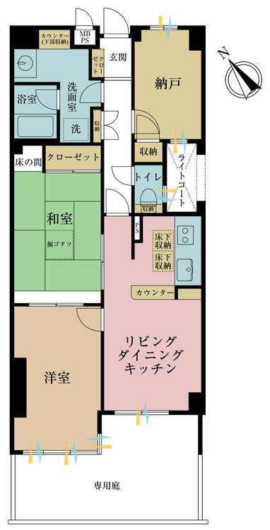 間取り ２ＳＬＤＫ、専有面積６８．３５平米、専用庭面積１５．２６平米