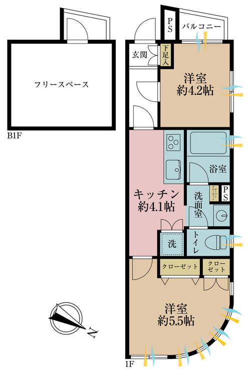 その他 2K、専有面積41.96m2、バルコニー面積1.48m2